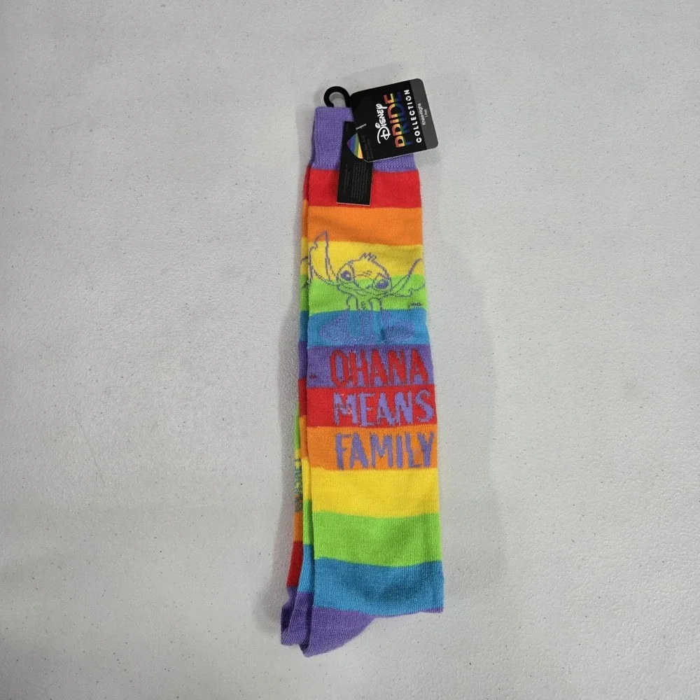 Disney Women Socks 4-10 Rainbow Red Orange Lilo Stitch Ohana‎ Family Striped NWT